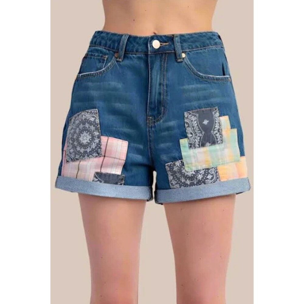 Easel Patchwork Denim Shorts Bandana Plaid Cuffed Cutoff Boutique S